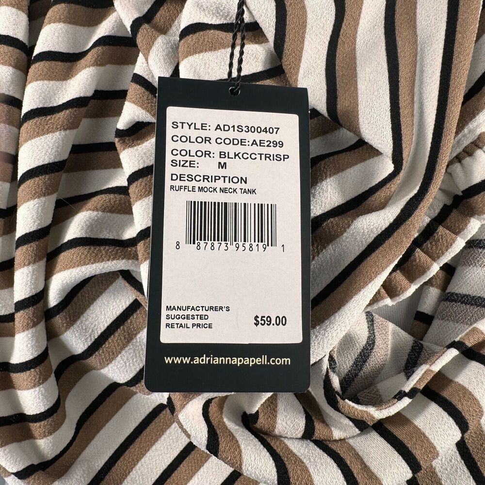 Adrianna Papell Women Tank Sz M Black Brown White Ruffle Mock Neck cap sleeve - Picture 7 of 9